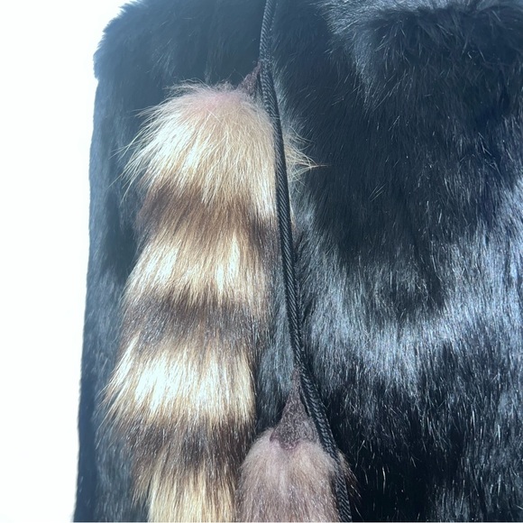 Rabbit Fur Zip Up Mob Wife Fur Coat With Tail Tassels Black M - Picture 4 of 15